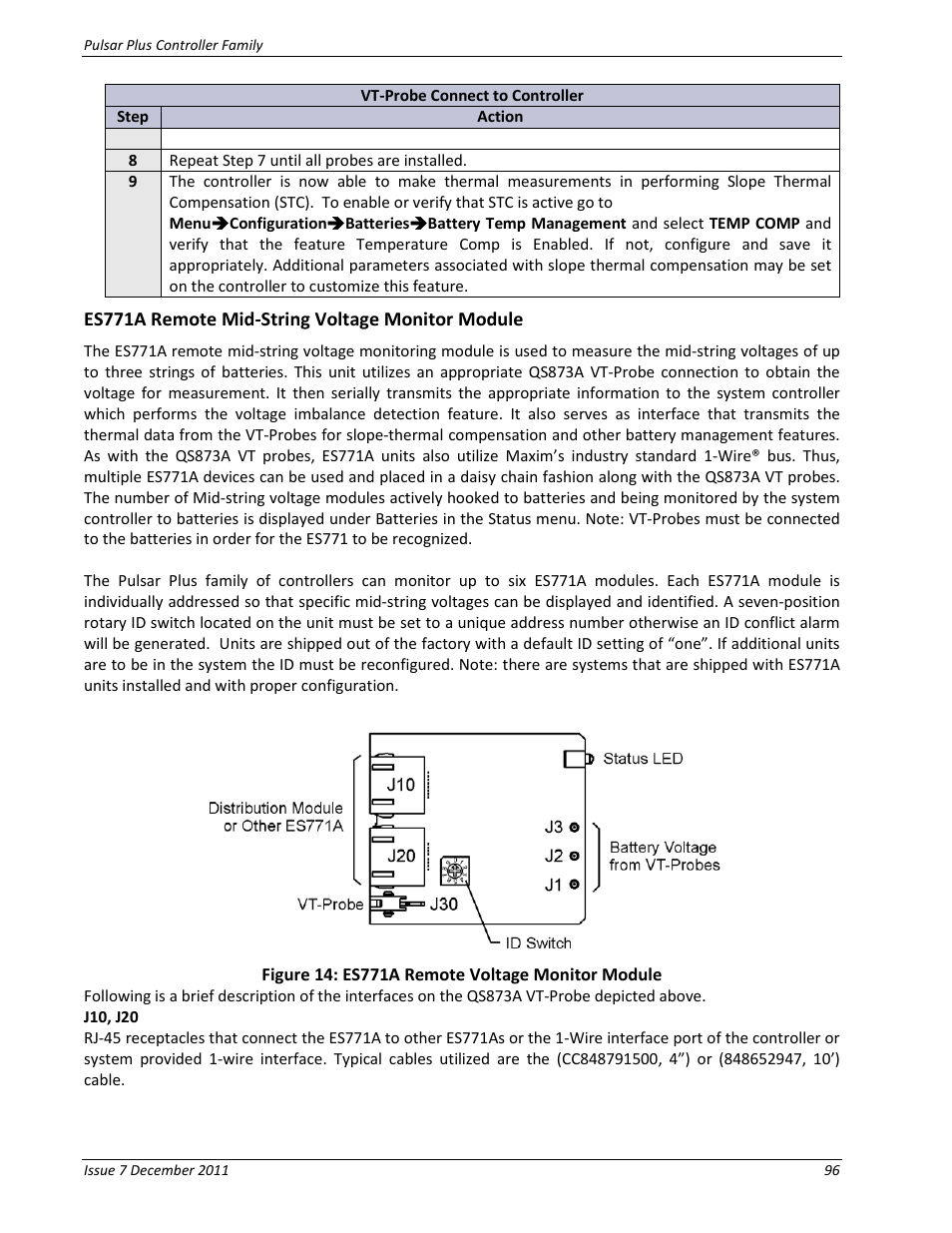 Es771a remote mid-string voltage monitor module, J10, j20, Figure 14: es771a remote voltage monitor module | GE Industrial Solutions Pulsar Plus Controller User Manual | Page 96 / 196
