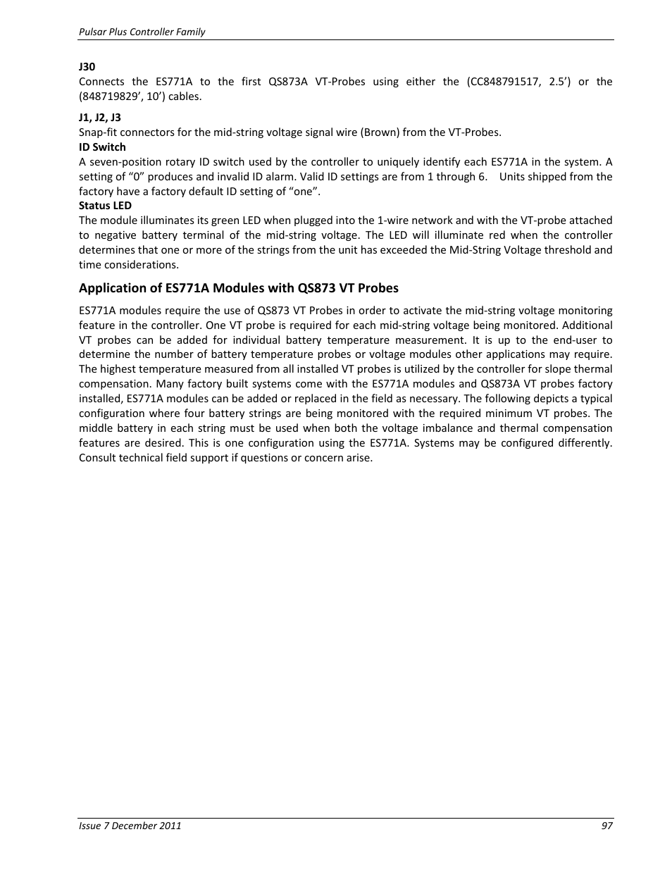 J1, j2, j3, Id switch, Status led | Application of es771a modules with qs873 vt probes | GE Industrial Solutions Pulsar Plus Controller User Manual | Page 97 / 196