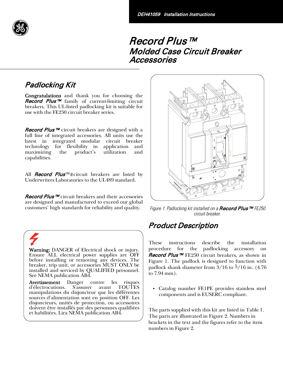 GE Industrial Solutions Record Plus FE250 User Manual | 2 pages