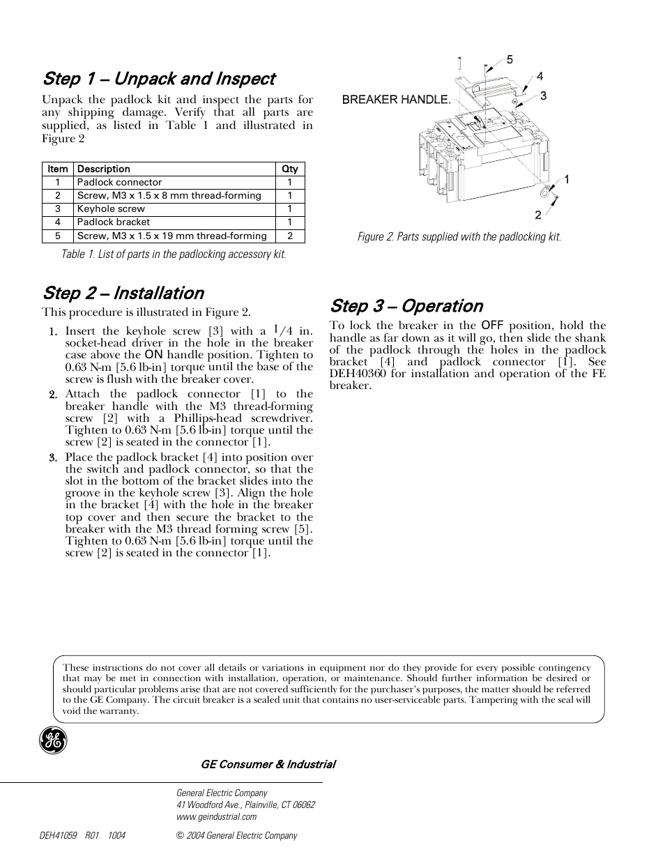 Step 3 – operation, Step 1 – unpack and inspect, Step 2 – installation | GE Industrial Solutions Record Plus FE250 User Manual | Page 2 / 2