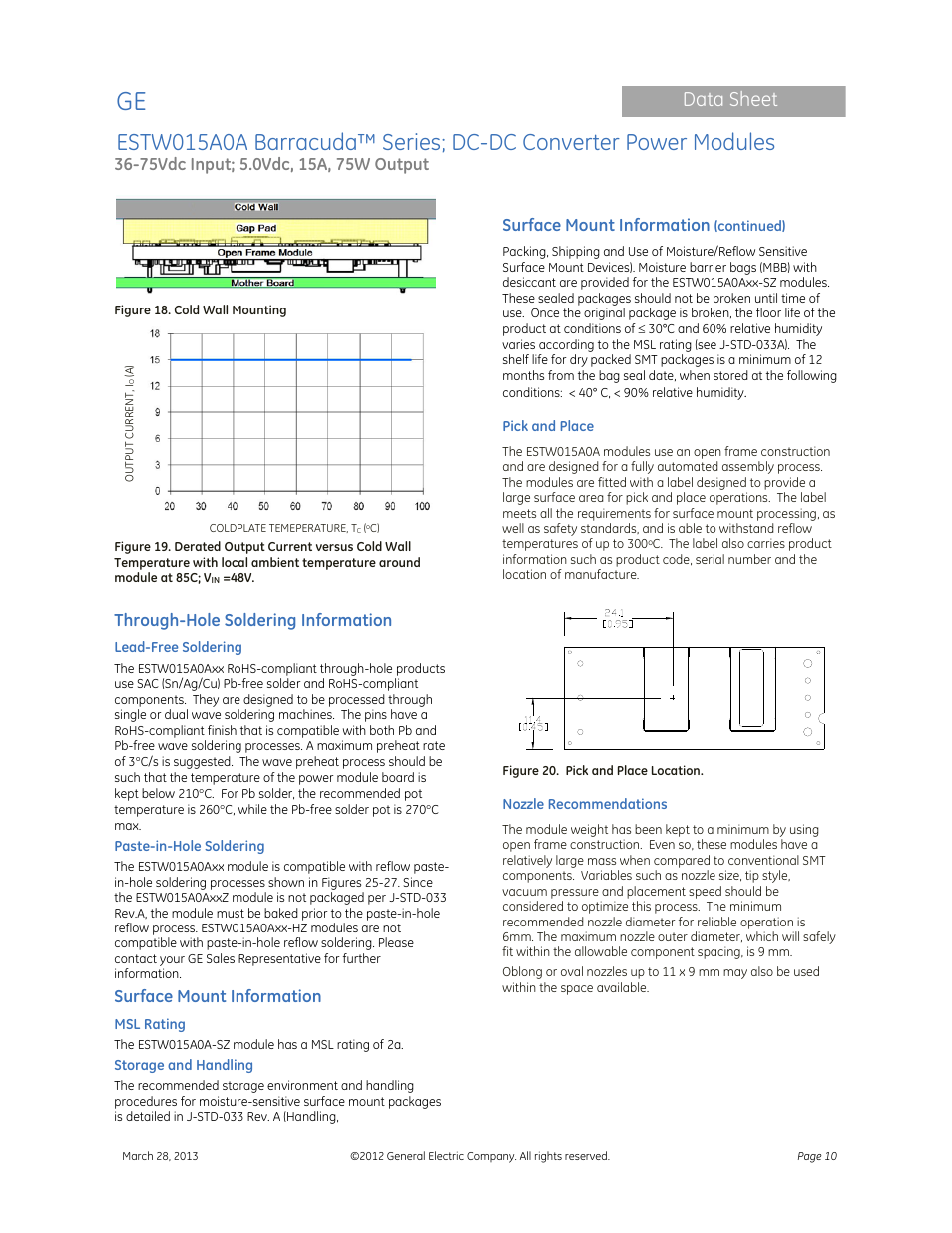 Data sheet, Through-hole soldering information, Surface mount information | GE Industrial Solutions ESTW015A0A Barracuda Series User Manual | Page 10 / 19