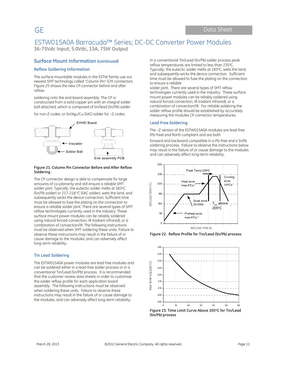 Data sheet, Surface mount information | GE Industrial Solutions ESTW015A0A Barracuda Series User Manual | Page 11 / 19