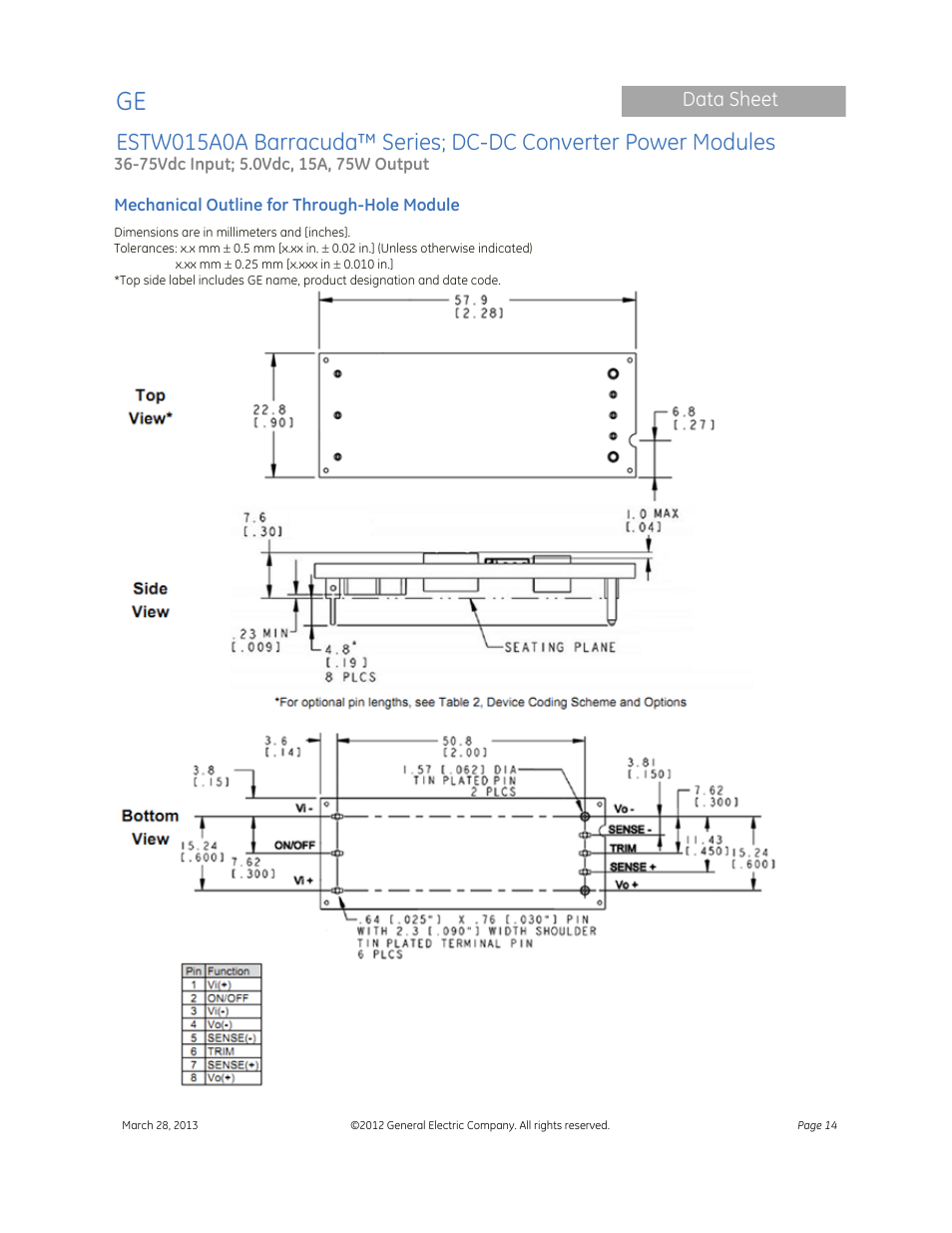 Data sheet | GE Industrial Solutions ESTW015A0A Barracuda Series User Manual | Page 14 / 19
