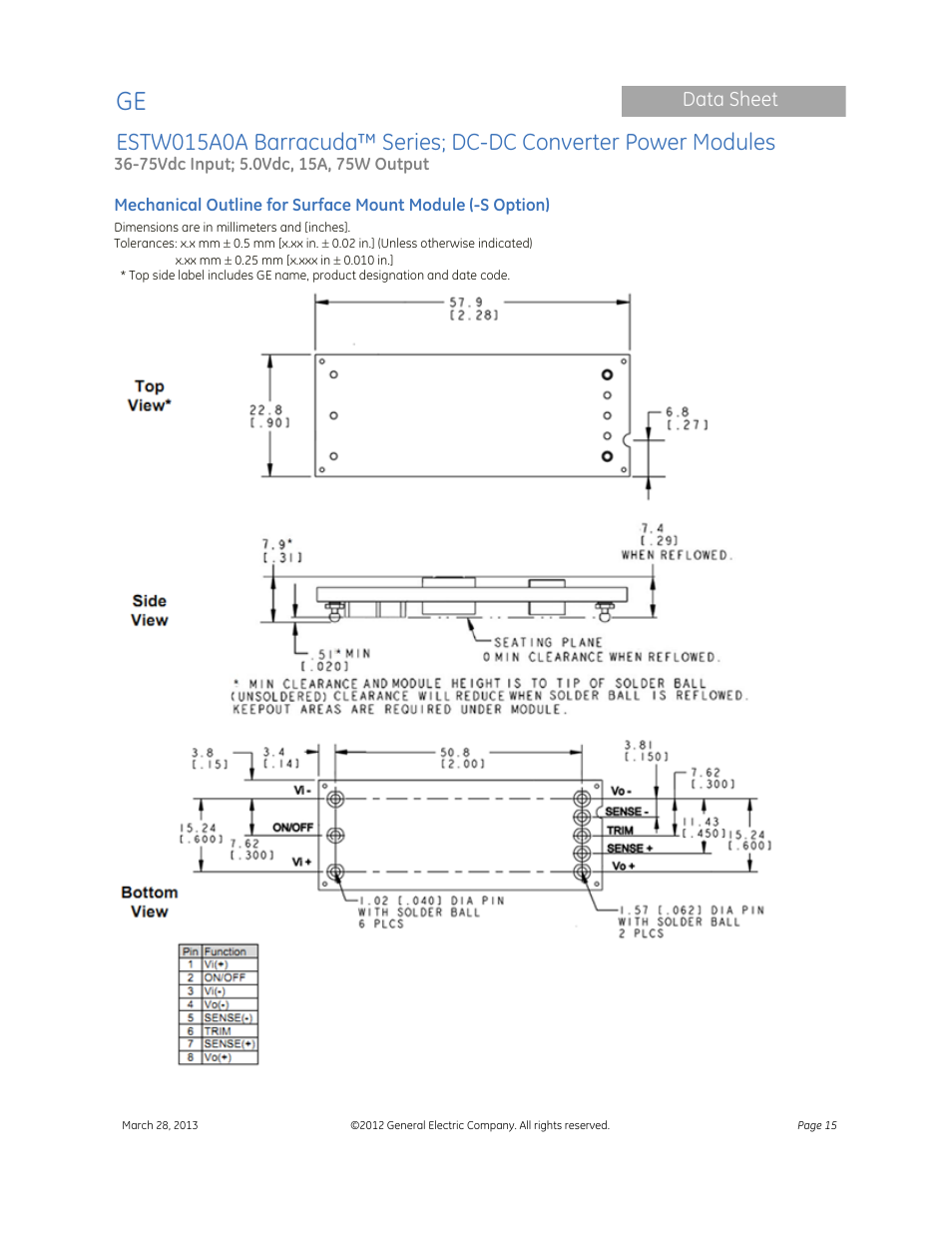Data sheet | GE Industrial Solutions ESTW015A0A Barracuda Series User Manual | Page 15 / 19