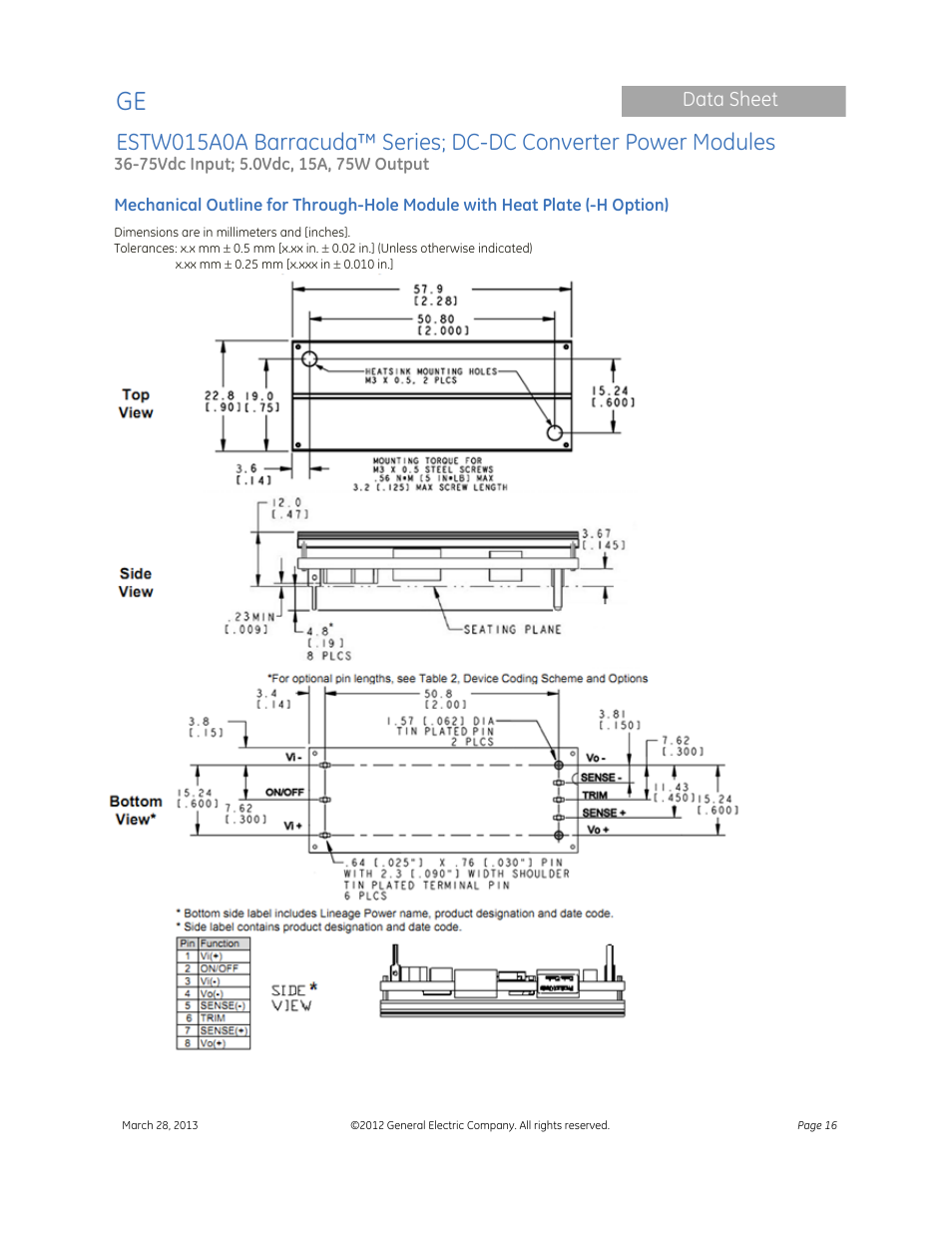 Data sheet | GE Industrial Solutions ESTW015A0A Barracuda Series User Manual | Page 16 / 19