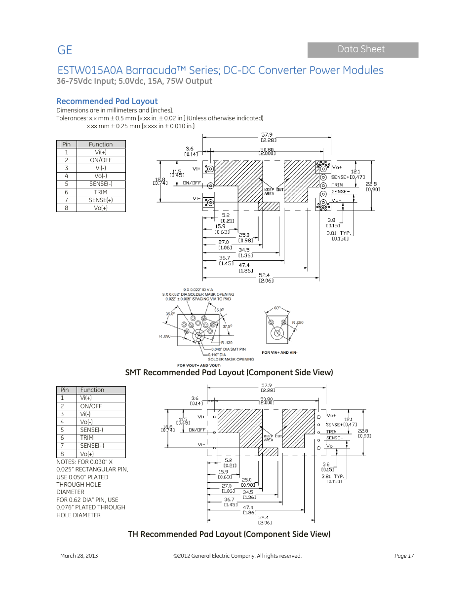 Data sheet | GE Industrial Solutions ESTW015A0A Barracuda Series User Manual | Page 17 / 19