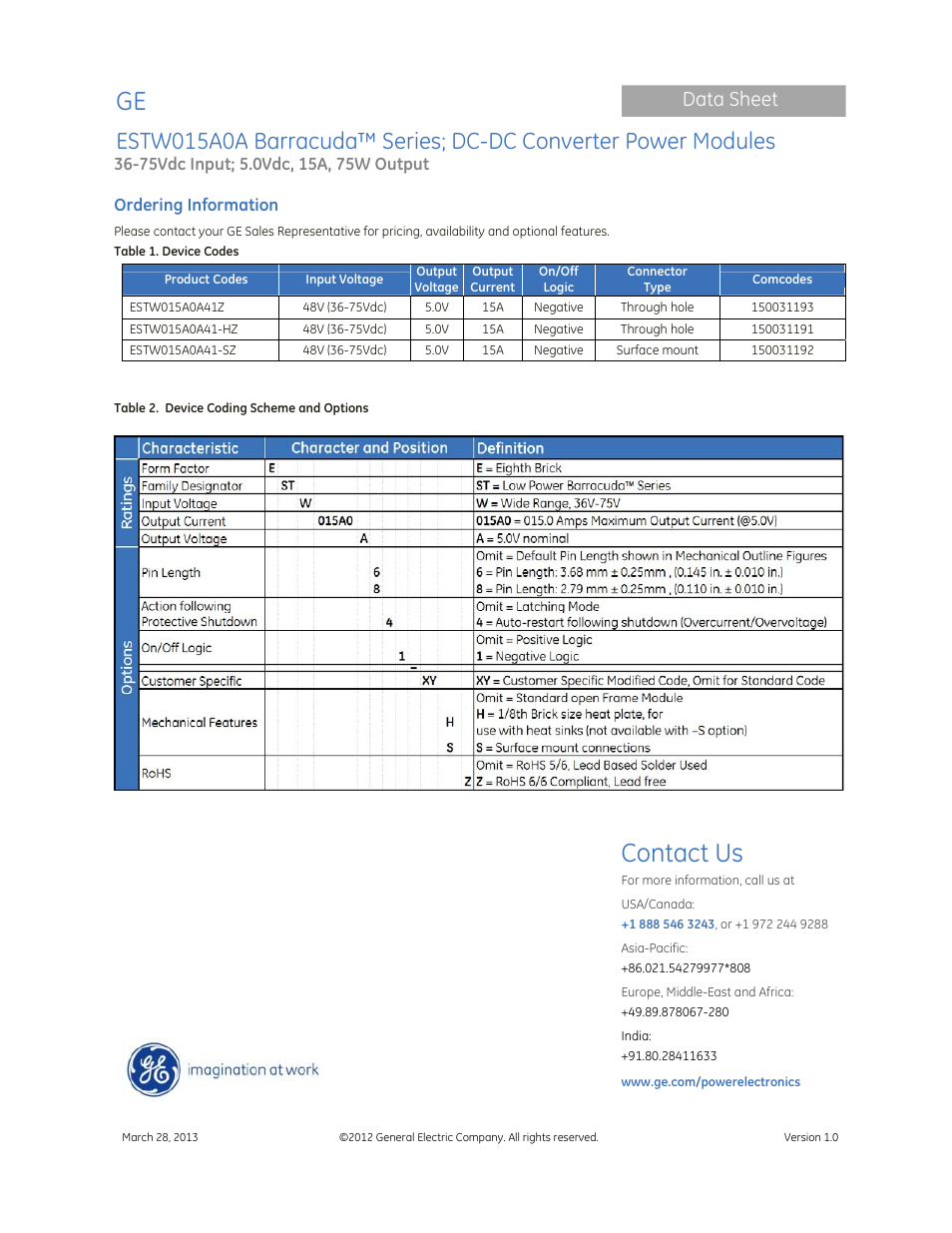 Contact us, Data sheet | GE Industrial Solutions ESTW015A0A Barracuda Series User Manual | Page 19 / 19