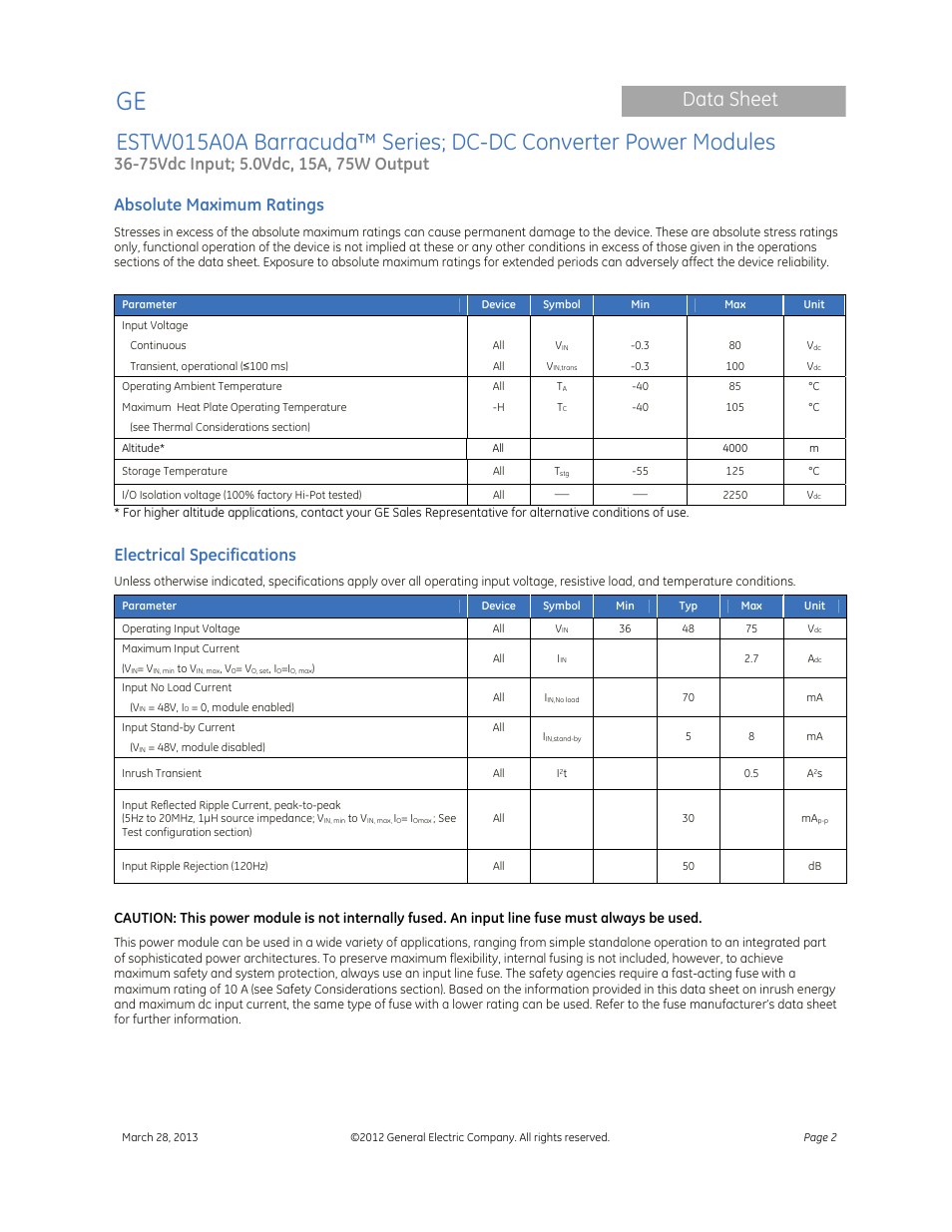 Data sheet, Absolute maximum ratings, Electrical specifications | GE Industrial Solutions ESTW015A0A Barracuda Series User Manual | Page 2 / 19
