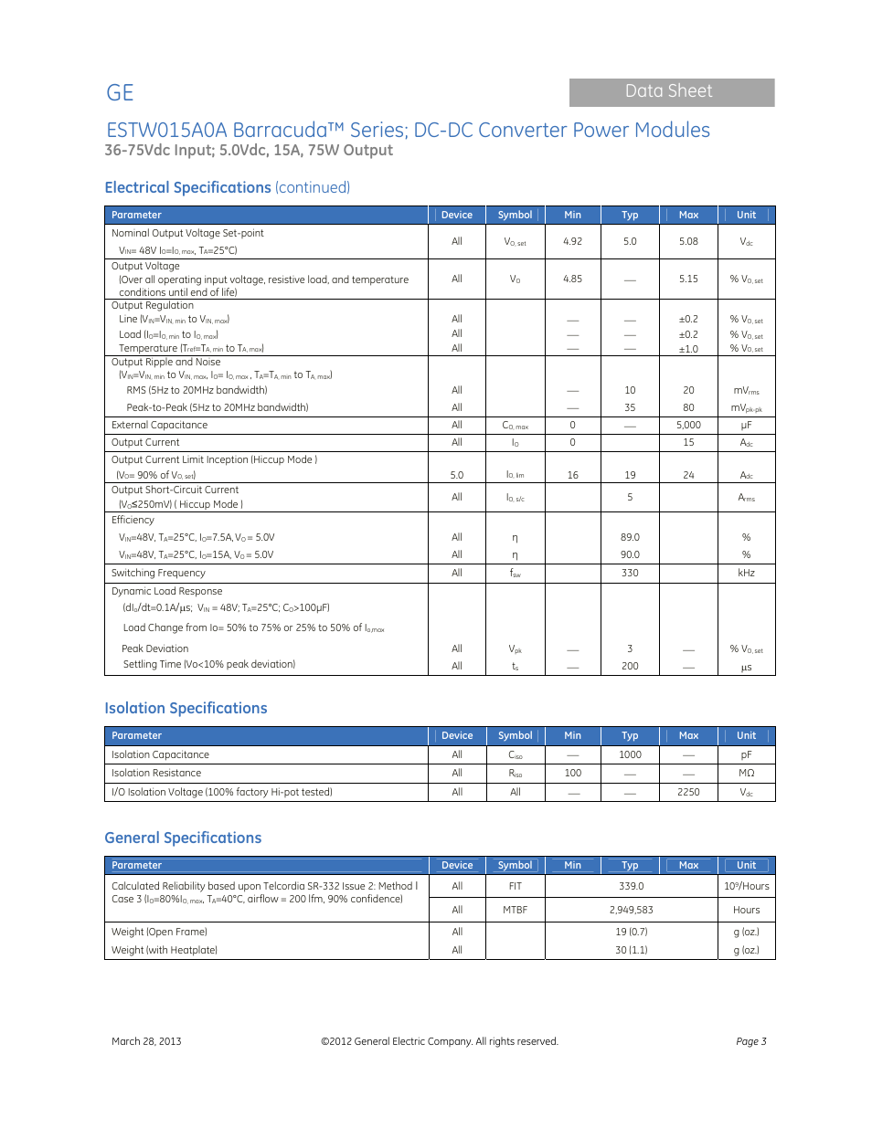 Data sheet, Electrical specifications (continued), Isolation specifications | General specifications | GE Industrial Solutions ESTW015A0A Barracuda Series User Manual | Page 3 / 19