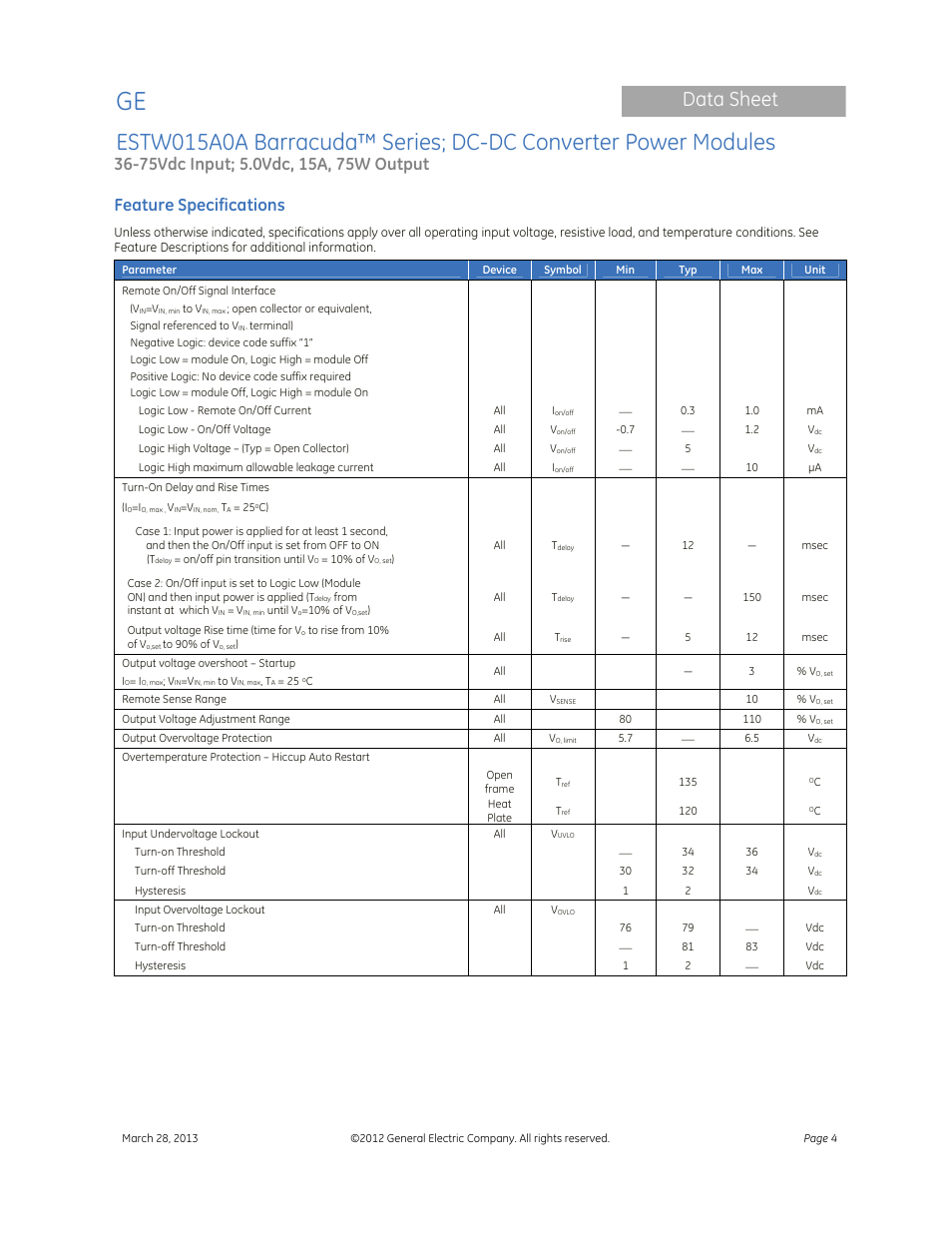 Data sheet, Feature specifications | GE Industrial Solutions ESTW015A0A Barracuda Series User Manual | Page 4 / 19