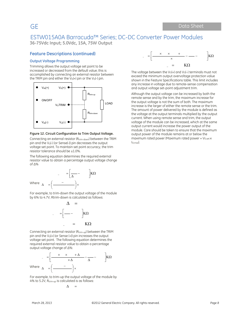 Data sheet, Feature descriptions (continued) | GE Industrial Solutions ESTW015A0A Barracuda Series User Manual | Page 8 / 19