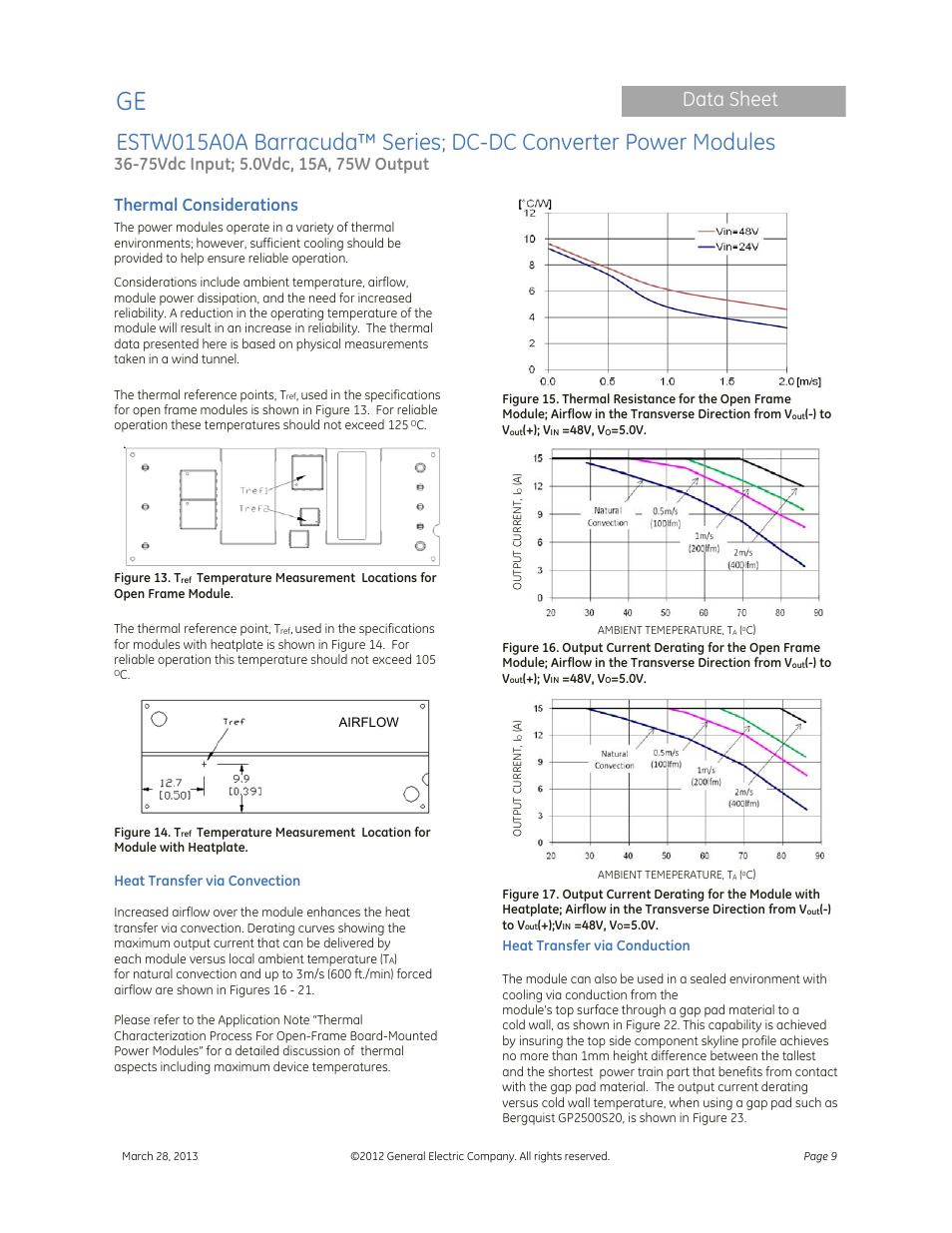 Data sheet, Thermal considerations | GE Industrial Solutions ESTW015A0A Barracuda Series User Manual | Page 9 / 19