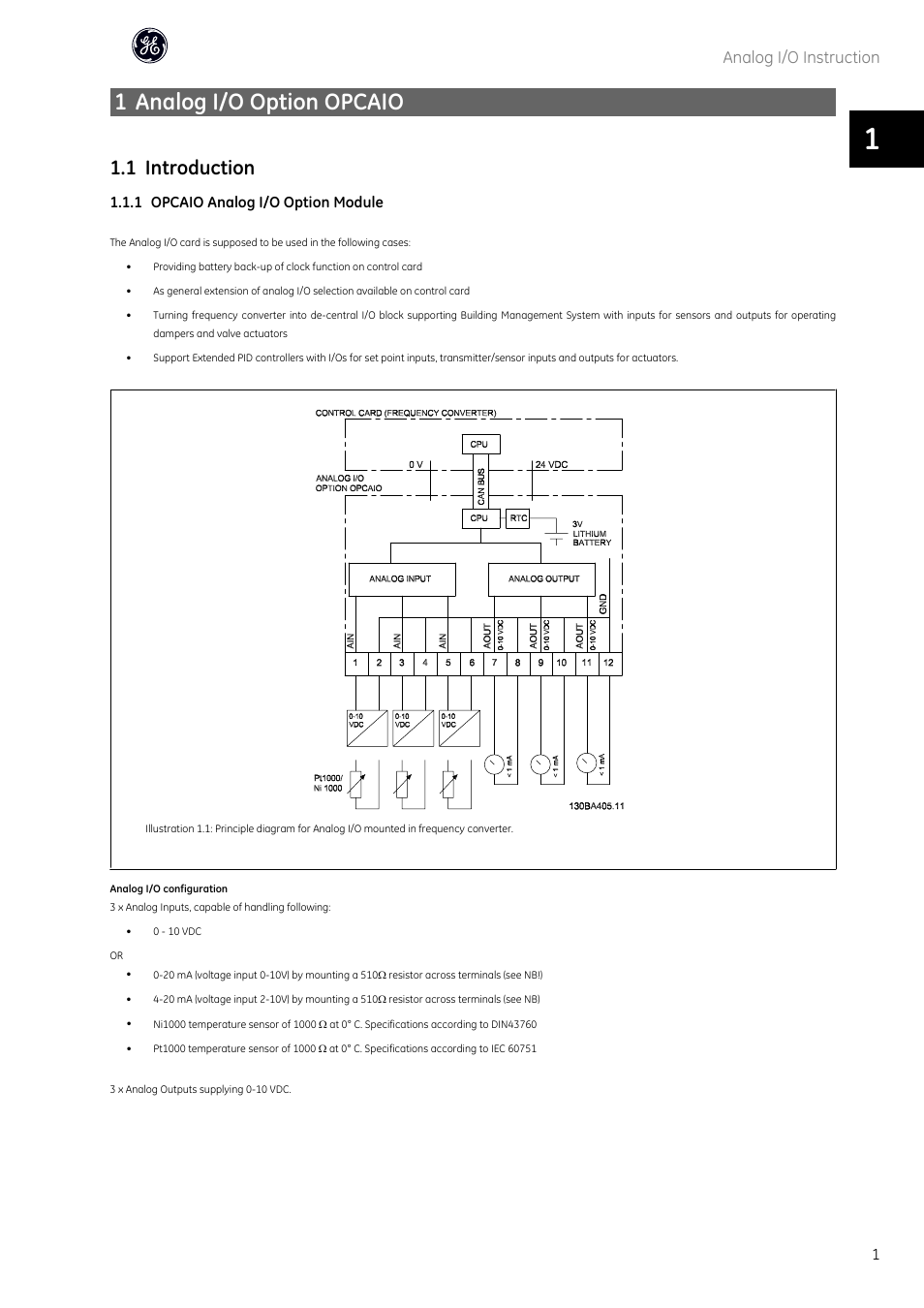 1 analog i/o option opcaio, 1 introduction, Analog i/o instruction | GE Industrial Solutions AF-600 FP OPCAIO Analog I_O Option Module User Manual | Page 2 / 6