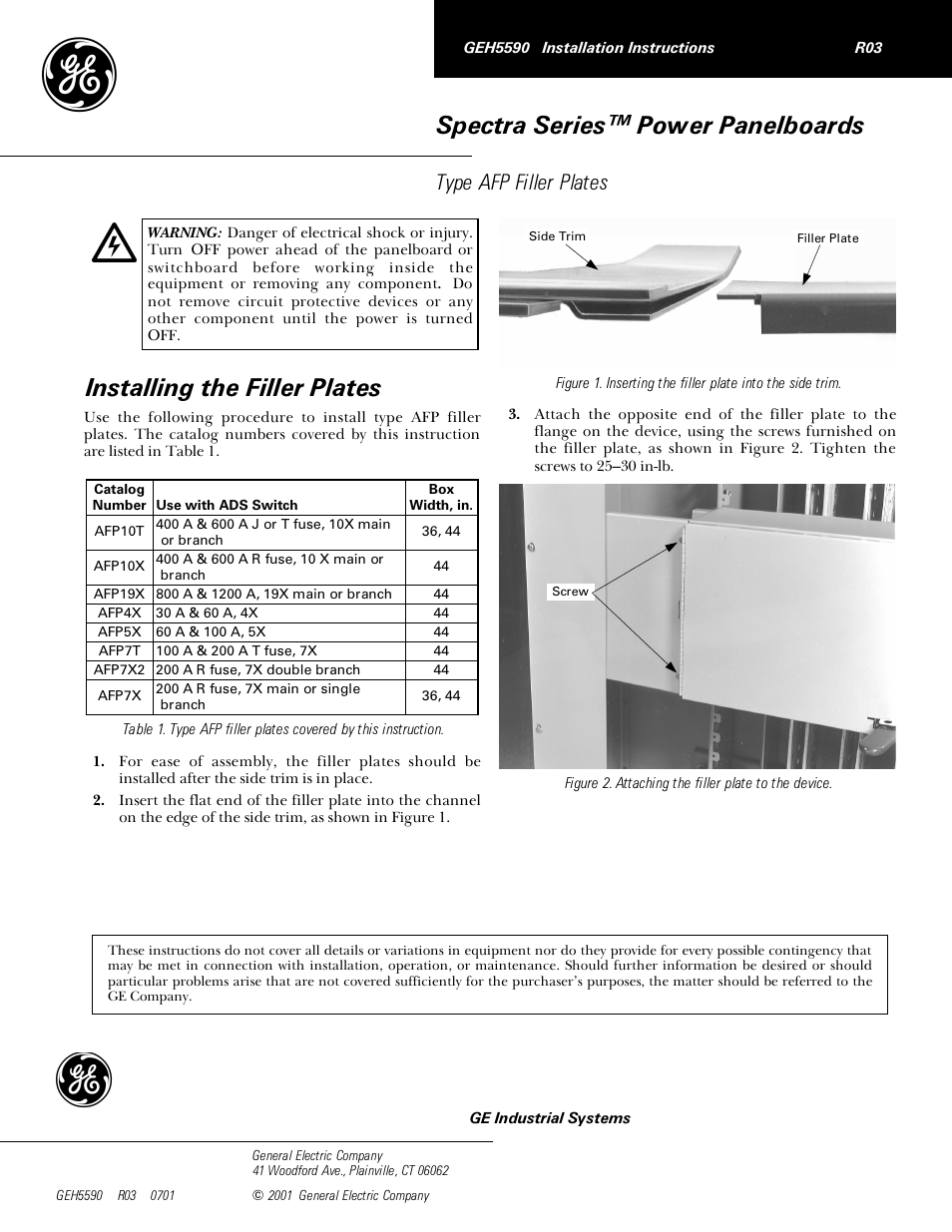 GE Industrial Solutions Spectra Series Power Panelboards AFP Filler Plates User Manual | 1 page