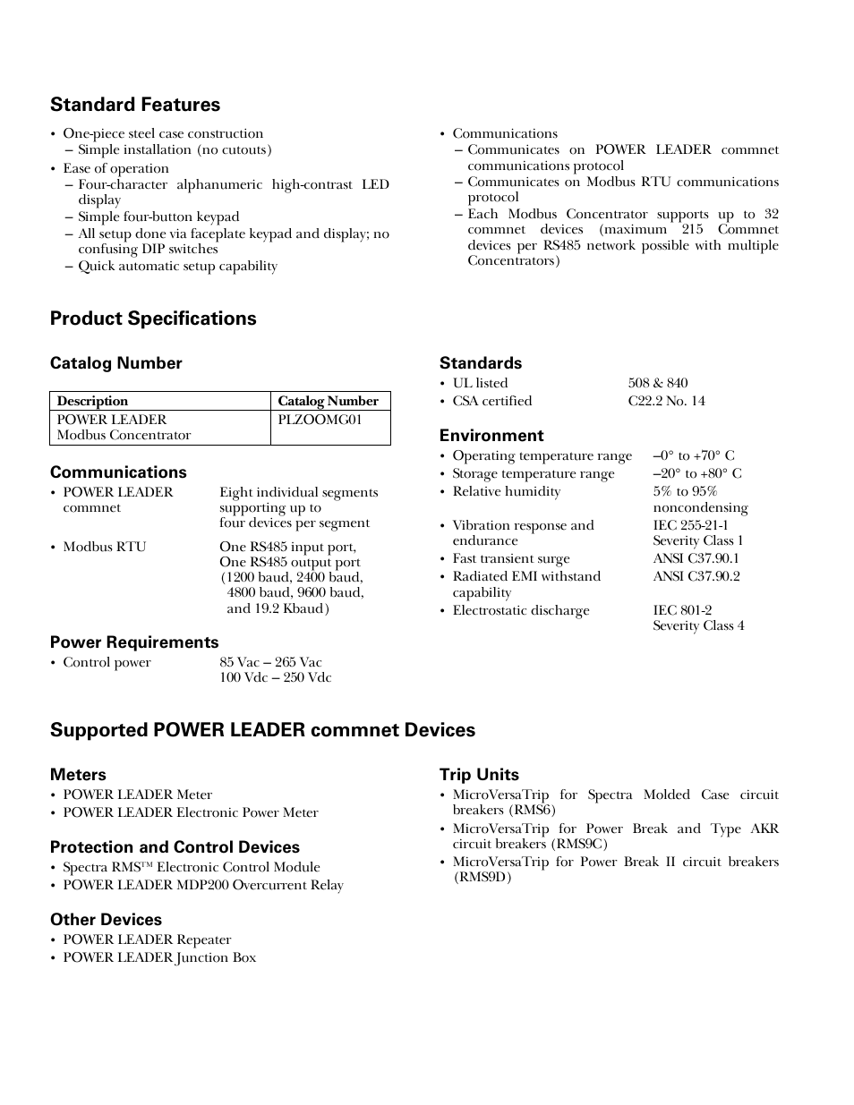 Standard features, Product specifications, Supported commnet devices | Supported power leader commnet devices | GE Industrial Solutions POWER LEADER Modbus Concentrator User Manual | Page 2 / 4