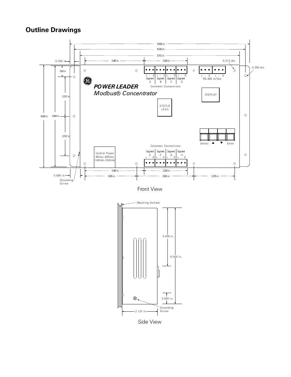 Outline drawings, Test, Modbus® concentrator | Power leader, Front view, Side view | GE Industrial Solutions POWER LEADER Modbus Concentrator User Manual | Page 3 / 4
