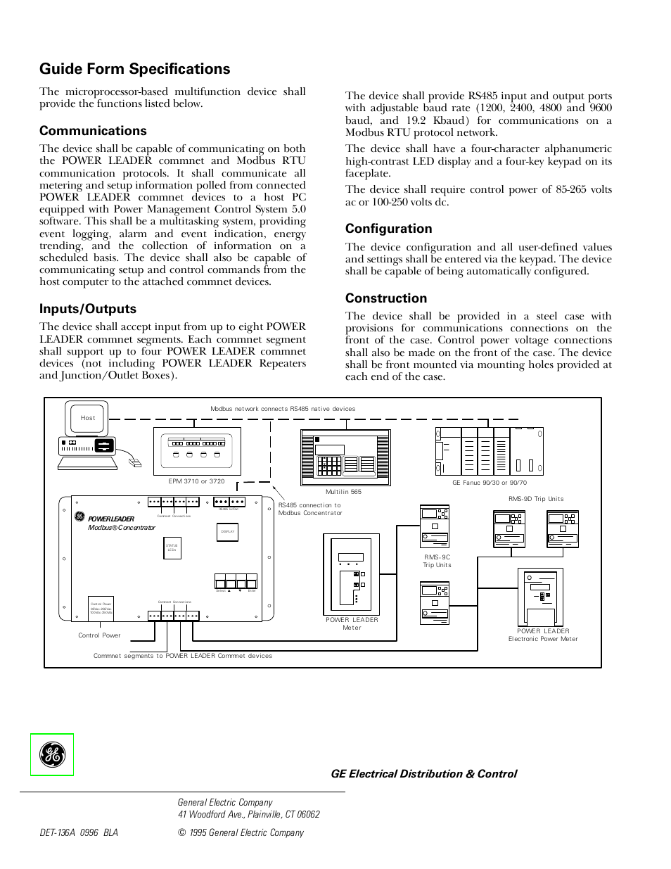 Guideform specification, Guide form specifications, Communications | Inputs/outputs, Configuration, Construction | GE Industrial Solutions POWER LEADER Modbus Concentrator User Manual | Page 4 / 4