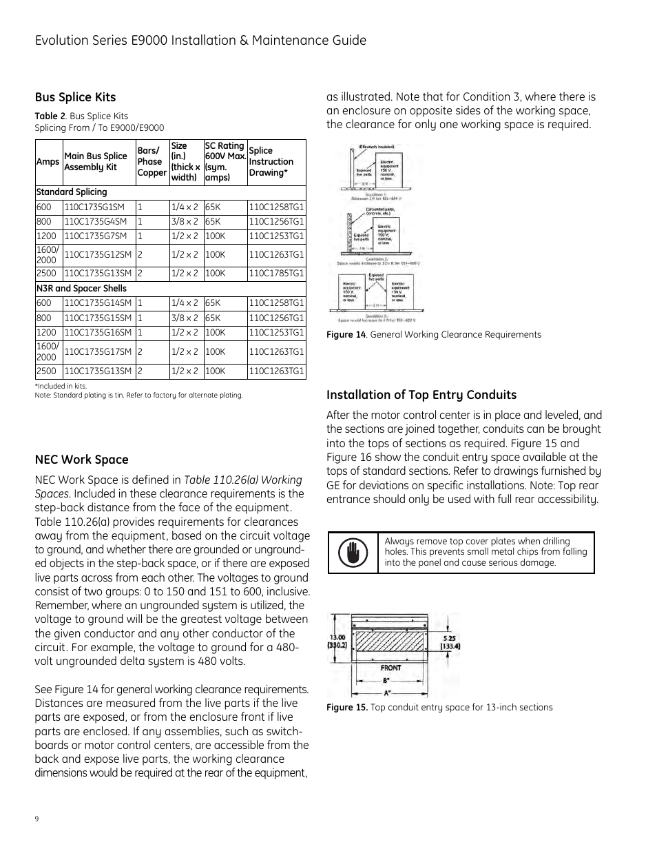 Bus splice kits, Nec work space, Installation of top entry conduits | GE Industrial Solutions Evolution Series E9000 User Manual | Page 10 / 36