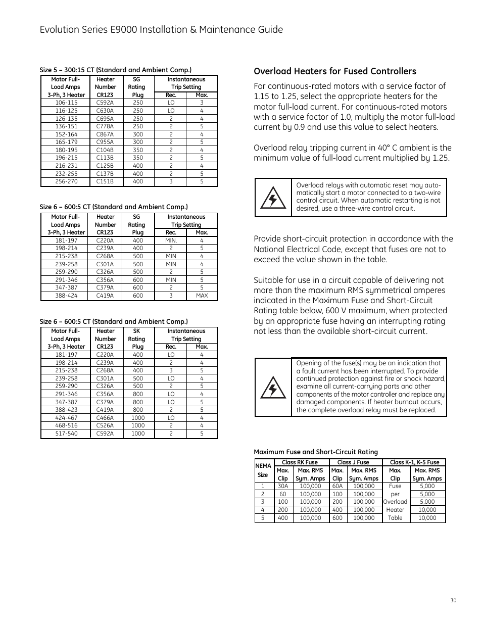 Overload heaters for fused controllers | GE Industrial Solutions Evolution Series E9000 User Manual | Page 31 / 36