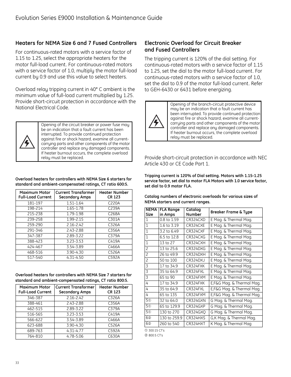 Heaters for nema size 6 and 7 fused controllers | GE Industrial Solutions Evolution Series E9000 User Manual | Page 34 / 36