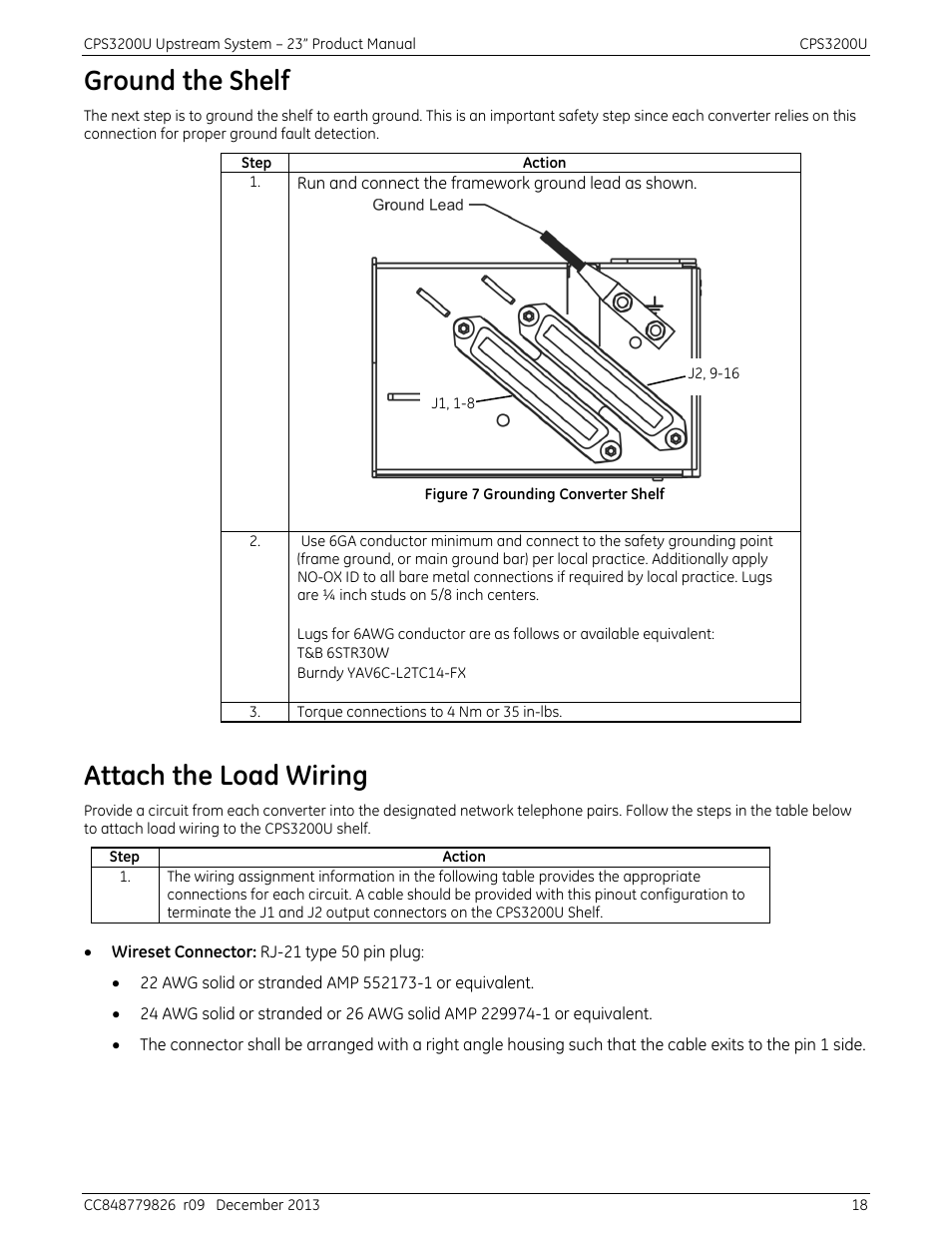 Ground the shelf, Attach the load wiring, Figure 7 grounding converter shelf | GE Industrial Solutions CPS3200U User Manual | Page 18 / 51