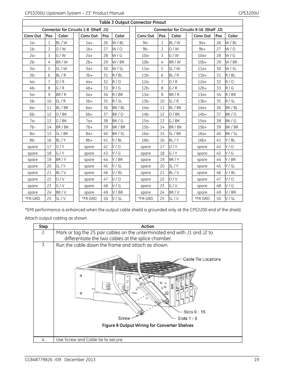 Figure 8 output wiring for converter shelves, Table 3 output connector pinout | GE Industrial Solutions CPS3200U User Manual | Page 19 / 51