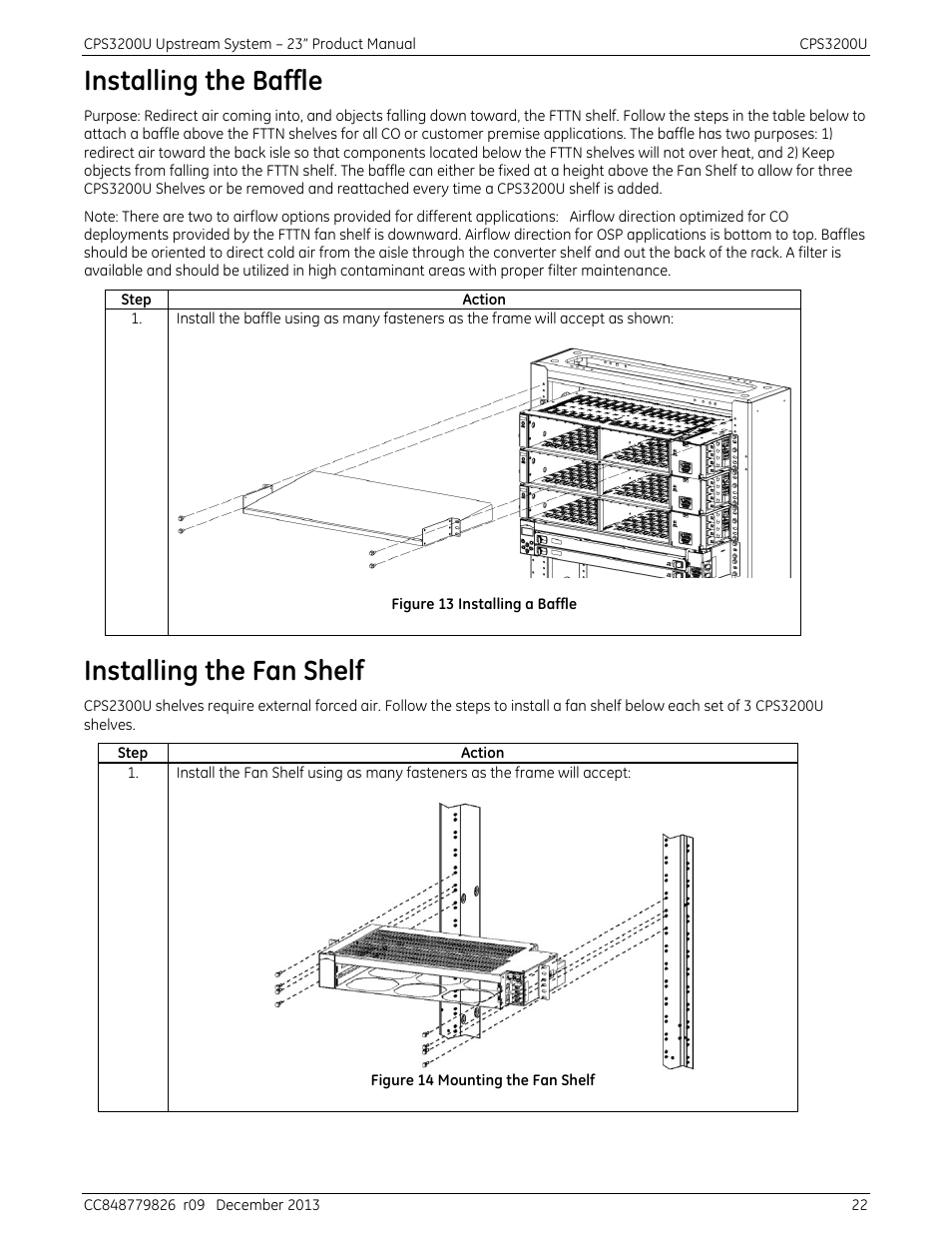 Installing the baffle, Installing the fan shelf, Figure 13 installing a baffle | Figure 14 mounting the fan shelf | GE Industrial Solutions CPS3200U User Manual | Page 22 / 51