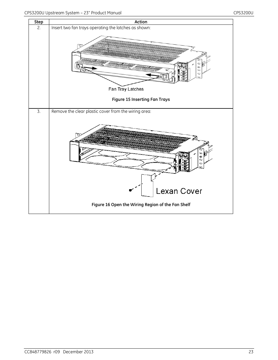 Figure 15 inserting fan trays, Figure 16 open the wiring region of the fan shelf | GE Industrial Solutions CPS3200U User Manual | Page 23 / 51