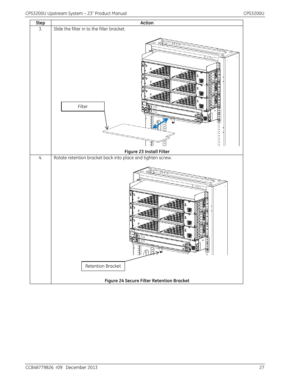 Figure 23 install filter, Figure 24 secure filter retention bracket | GE Industrial Solutions CPS3200U User Manual | Page 27 / 51