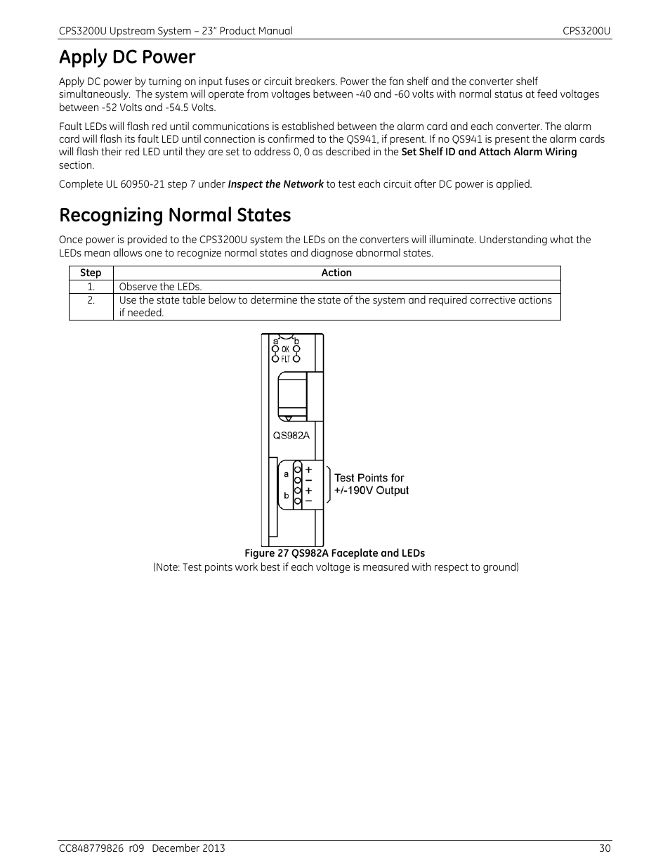 Apply dc power, Recognizing normal states, Figure 27 qs982a faceplate and leds | GE Industrial Solutions CPS3200U User Manual | Page 30 / 51