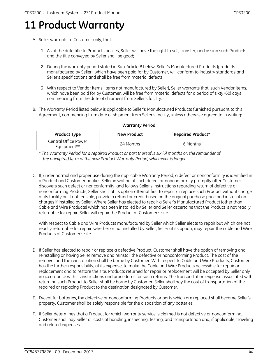 11 product warranty | GE Industrial Solutions CPS3200U User Manual | Page 44 / 51