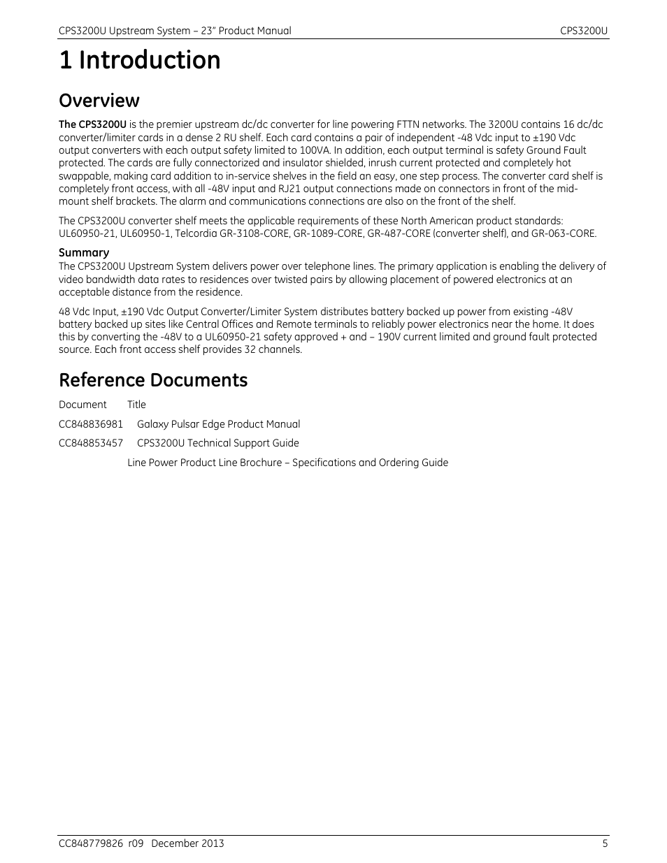 1 introduction, Reference documents, Overview | GE Industrial Solutions CPS3200U User Manual | Page 5 / 51
