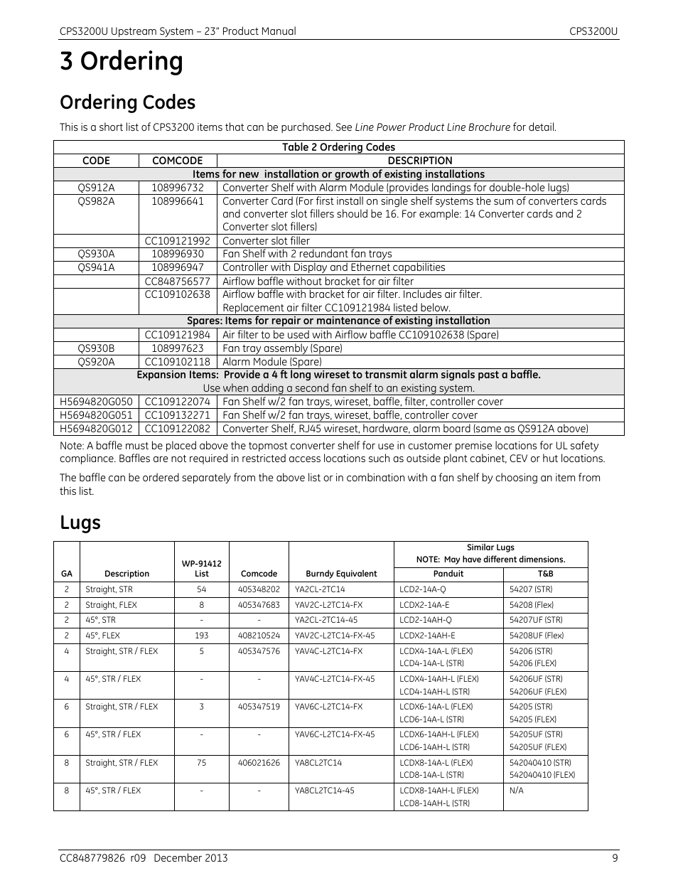 3 ordering, Ordering codes, Lugs | Table 2 ordering codes | GE Industrial Solutions CPS3200U User Manual | Page 9 / 51