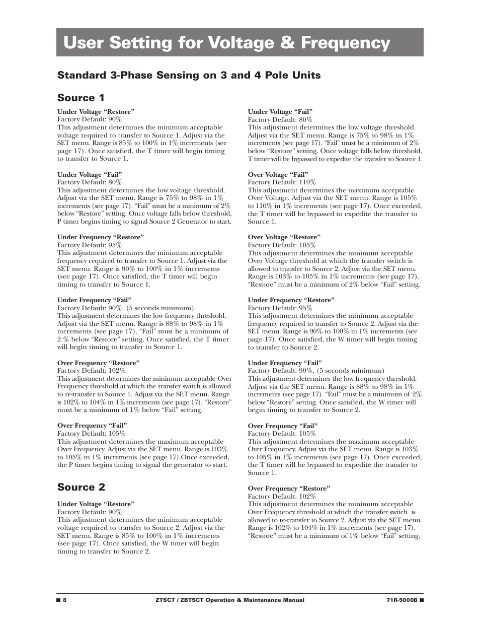 User setting for voltage & frequency, Source 1, Source 2 | Standard 3-phase sensing on 3 and 4 pole units | GE Industrial Solutions ZBTSCT Series User Manual | Page 10 / 36