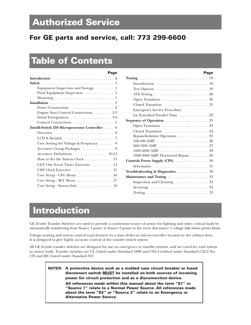 Table of contents authorized service, Introduction | GE Industrial Solutions ZBTSCT Series User Manual | Page 2 / 36