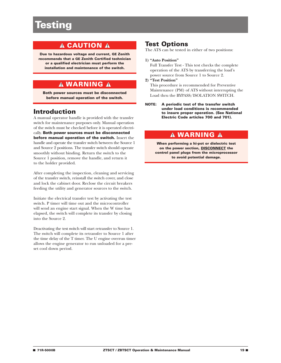 Testing, Introduction, Test options | Caution, Warning | GE Industrial Solutions ZBTSCT Series User Manual | Page 21 / 36