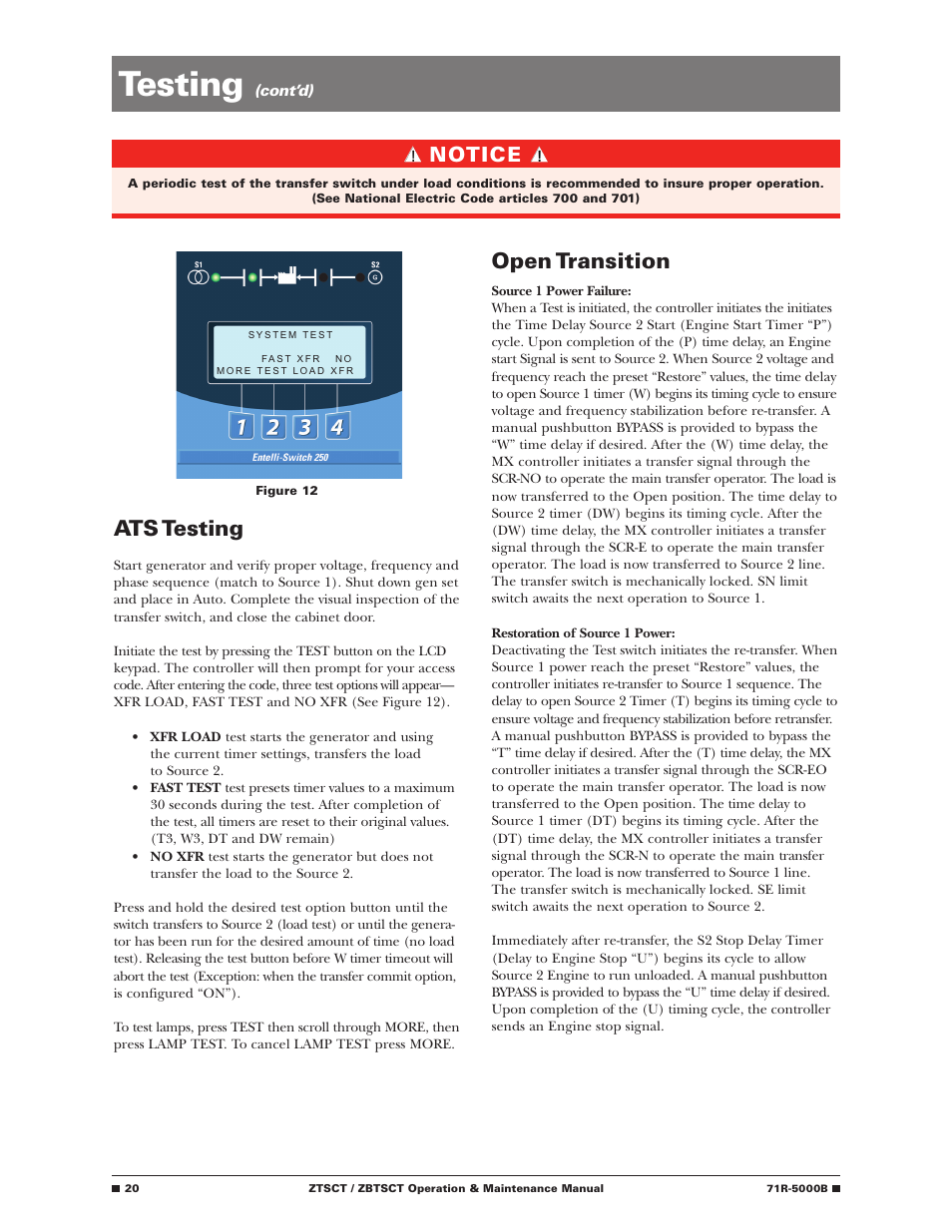 Testing, Ats testing, Open transition | Notice | GE Industrial Solutions ZBTSCT Series User Manual | Page 22 / 36