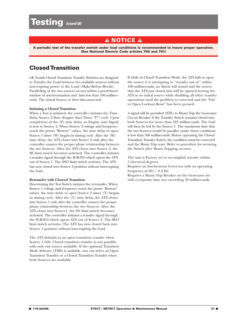 Testing, Closed transition, Notice | GE Industrial Solutions ZBTSCT Series User Manual | Page 23 / 36