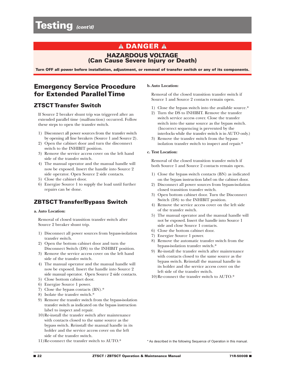 Testing, Danger, Ztsct transfer switch | Zbtsct transfer/bypass switch | GE Industrial Solutions ZBTSCT Series User Manual | Page 24 / 36