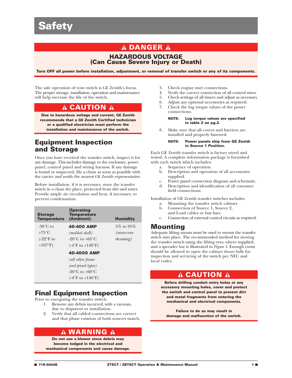 Safety, Mounting, Equipment inspection and storage | Final equipment inspection, Danger caution warning caution | GE Industrial Solutions ZBTSCT Series User Manual | Page 3 / 36