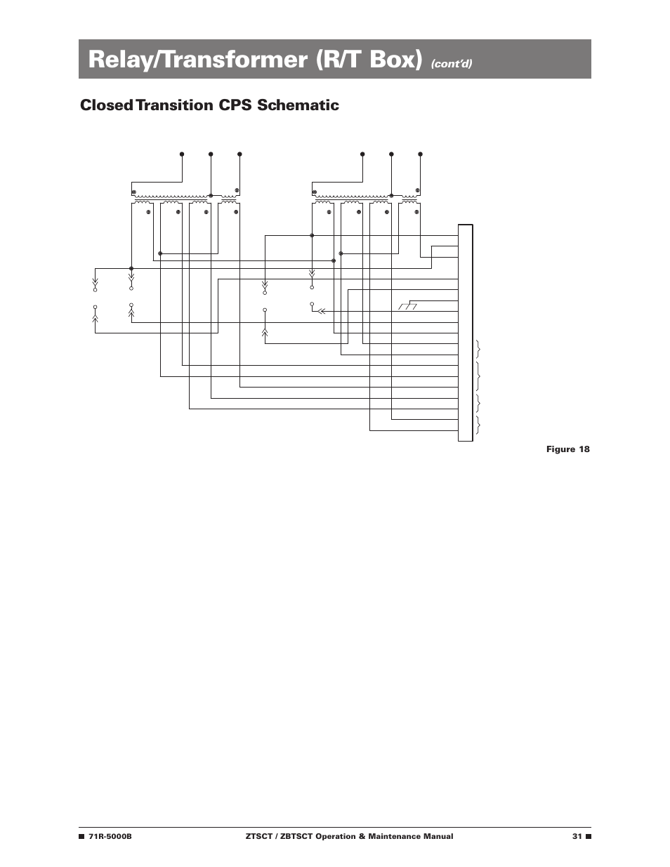 Relay/transformer (r/t box), Closed transition cps schematic, Cont’d) | Figure 18 | GE Industrial Solutions ZBTSCT Series User Manual | Page 33 / 36