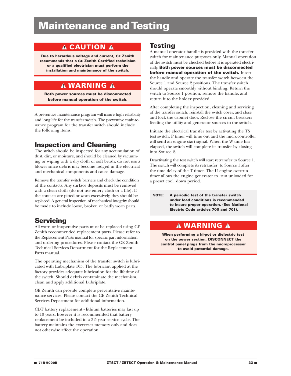 Maintenance and testing, Inspection and cleaning, Servicing | Testing, Caution, Warning | GE Industrial Solutions ZBTSCT Series User Manual | Page 35 / 36
