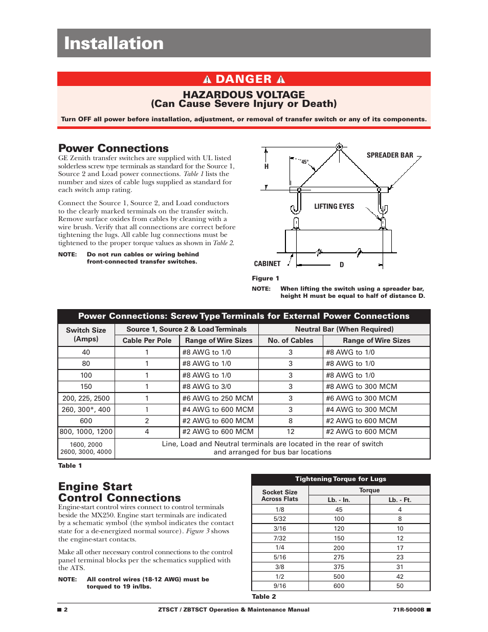 Installation, Power connections, Engine start control connections | Danger | GE Industrial Solutions ZBTSCT Series User Manual | Page 4 / 36