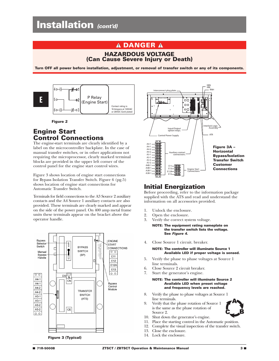 Installation, Engine start control connections, Initial energization | Danger, Cont’d) | GE Industrial Solutions ZBTSCT Series User Manual | Page 5 / 36