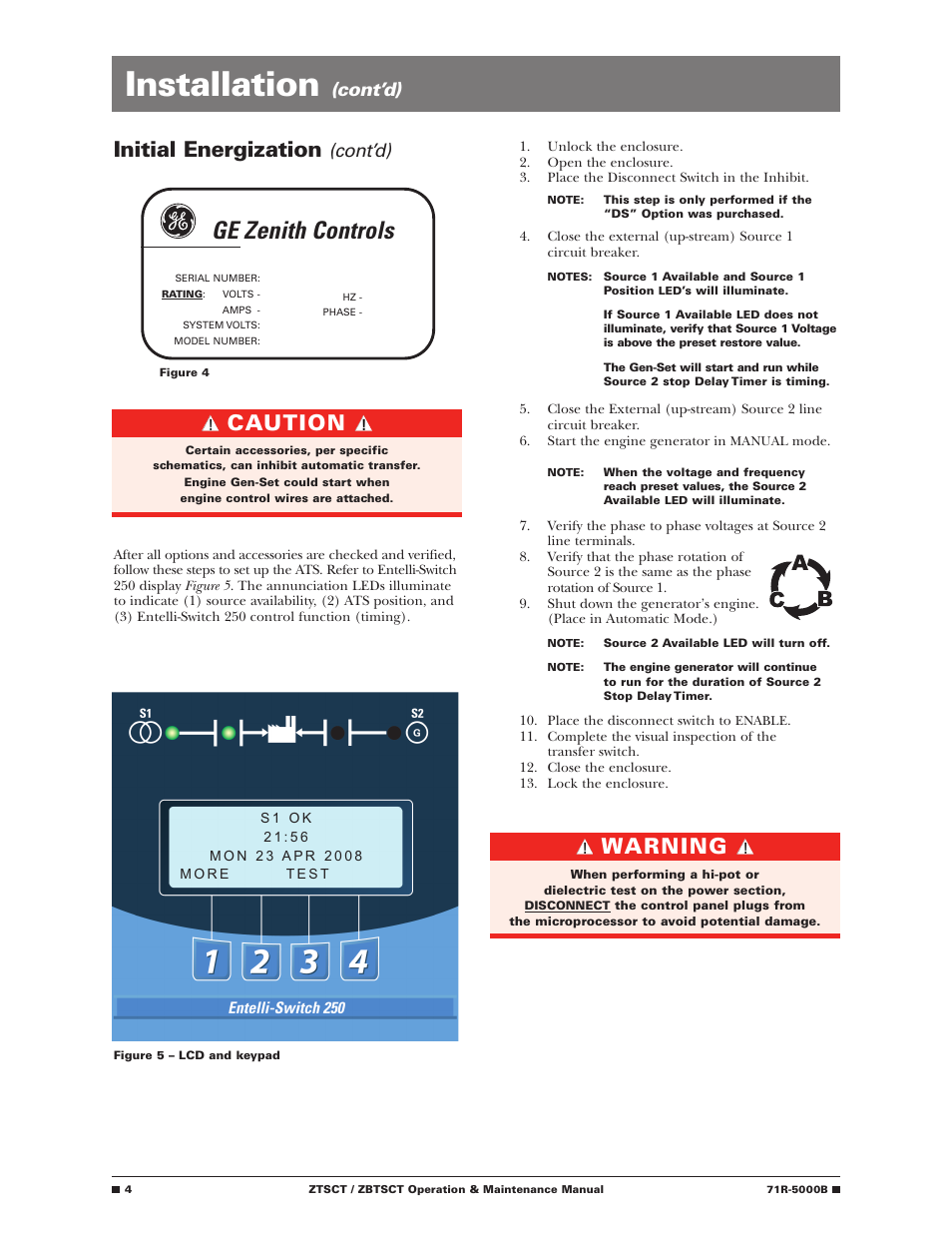Installation, Ge zenith controls, Warning | Initial energization, Caution, Cont’d) | GE Industrial Solutions ZBTSCT Series User Manual | Page 6 / 36