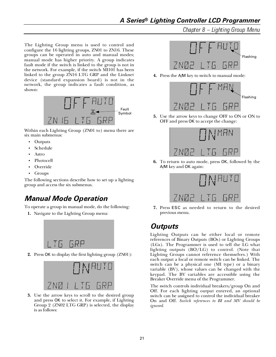 Manual mode operation, Outputs, A series | GE Industrial Solutions A Series Lighting Control Panelboards Programmer User Guide User Manual | Page 25 / 56