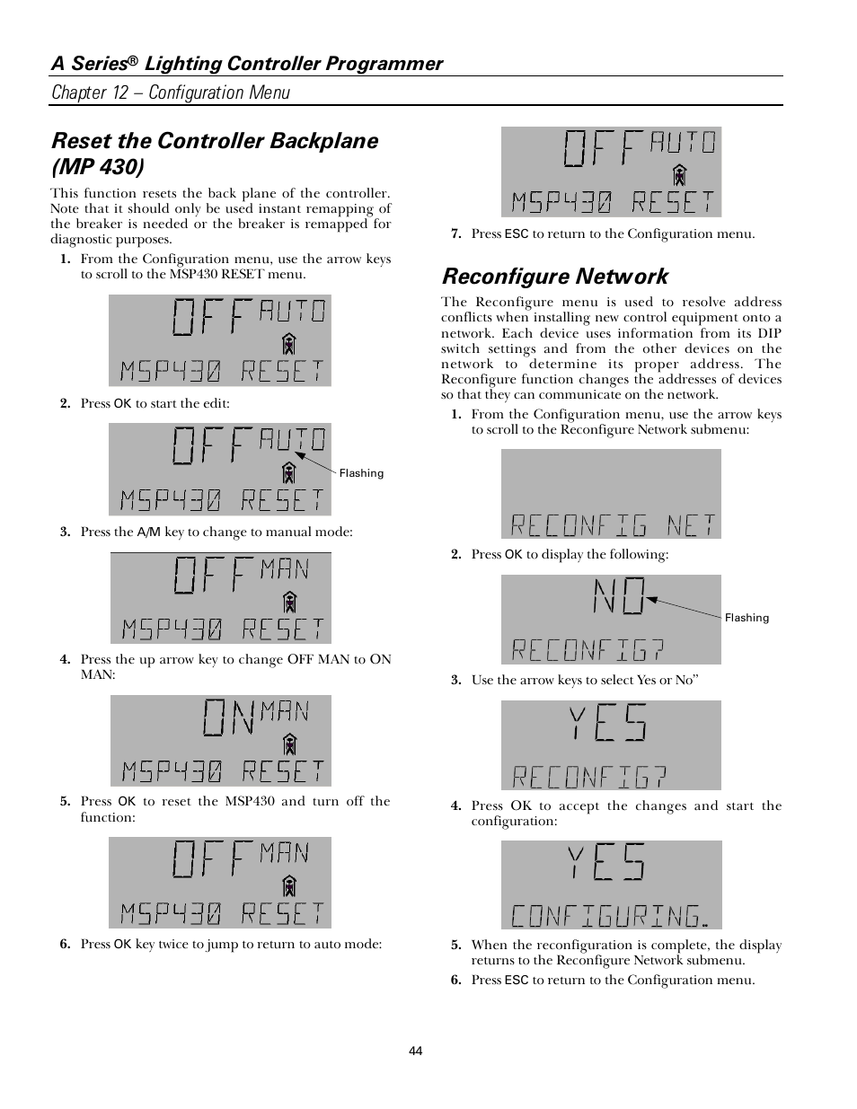 Reset the controller backplane (mp 430), Reconfigure network, A series | GE Industrial Solutions A Series Lighting Control Panelboards Programmer User Guide User Manual | Page 48 / 56