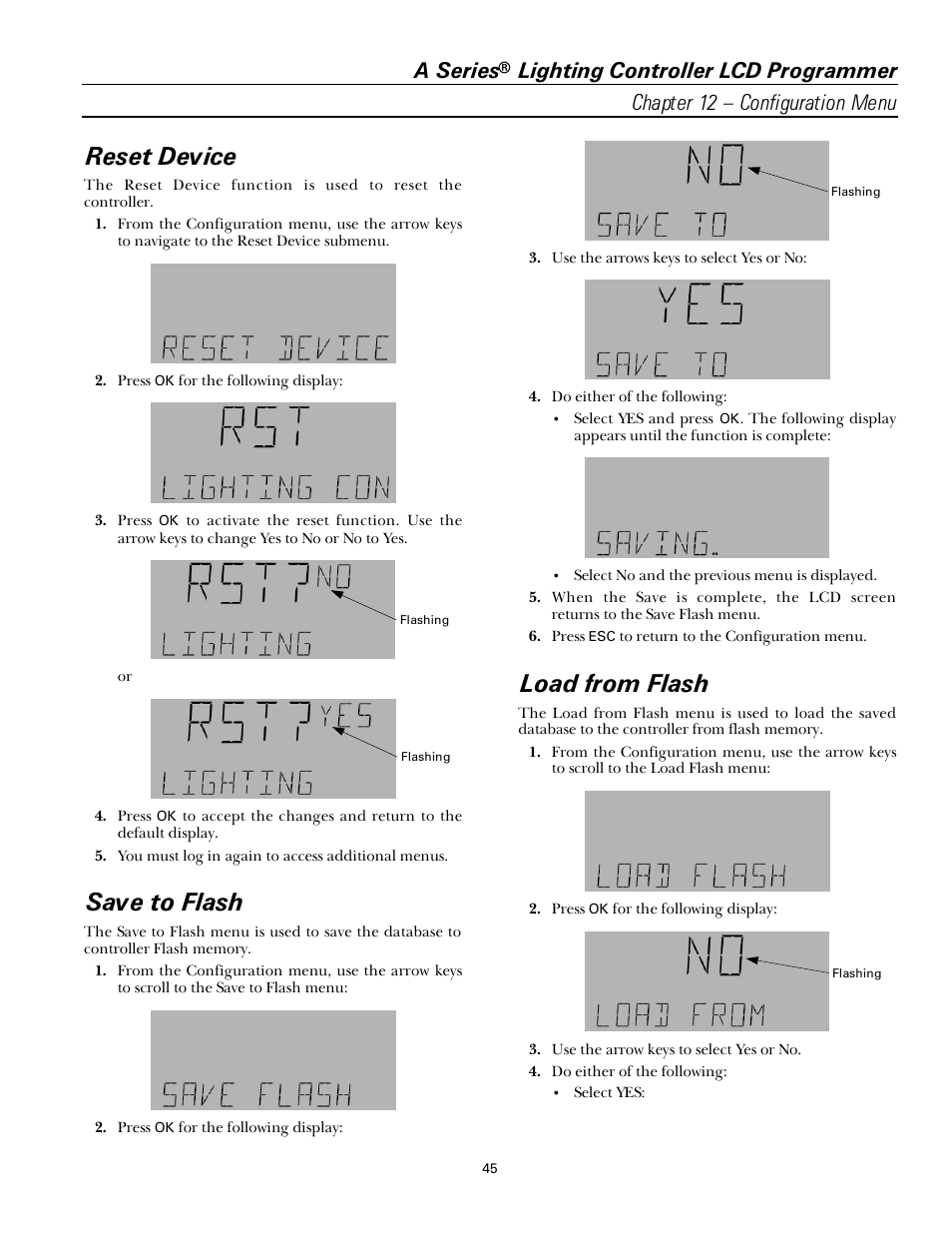 Reset device, Save to flash, Load from flash | A series | GE Industrial Solutions A Series Lighting Control Panelboards Programmer User Guide User Manual | Page 49 / 56