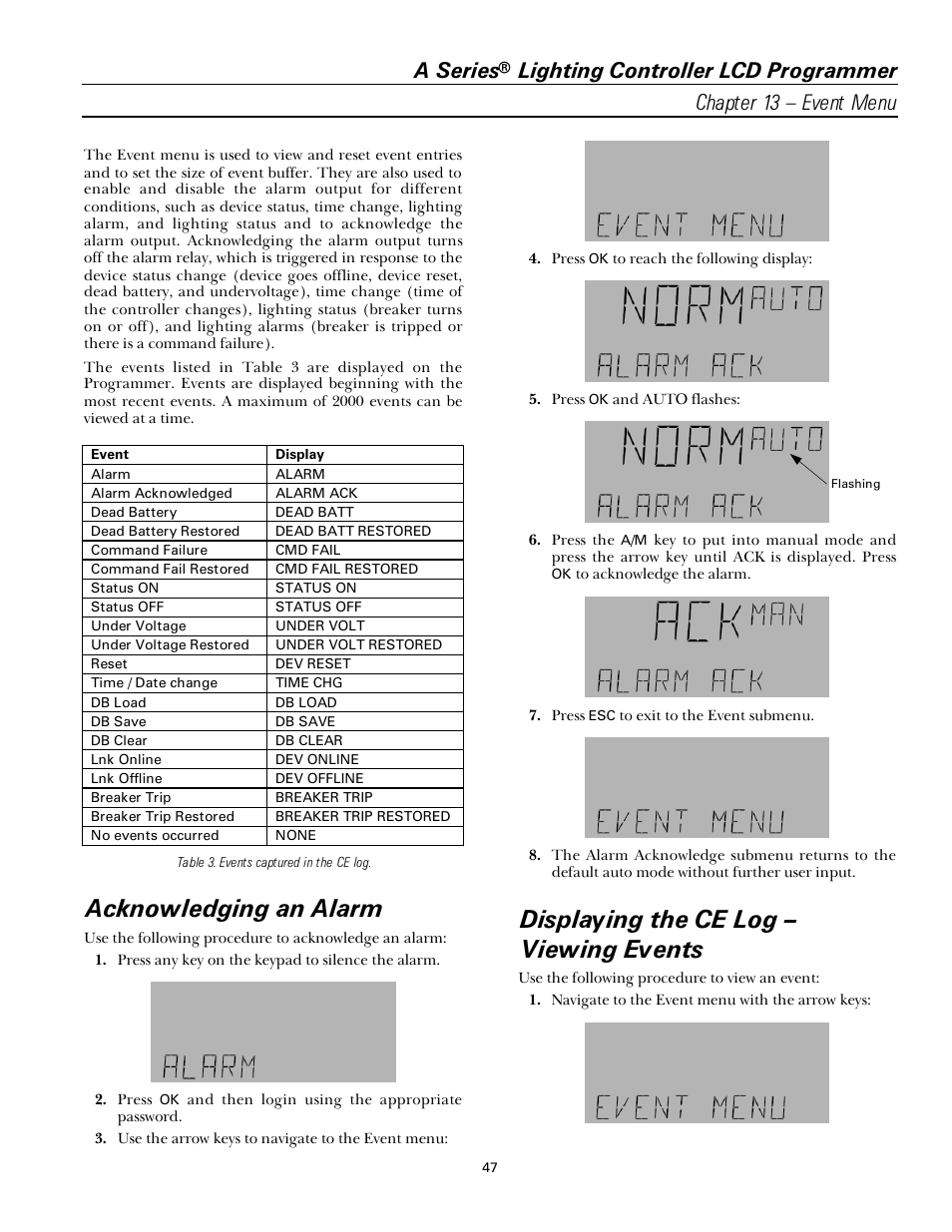 Acknowledging an alarm, Displaying the ce log – viewing events, A series | GE Industrial Solutions A Series Lighting Control Panelboards Programmer User Guide User Manual | Page 51 / 56