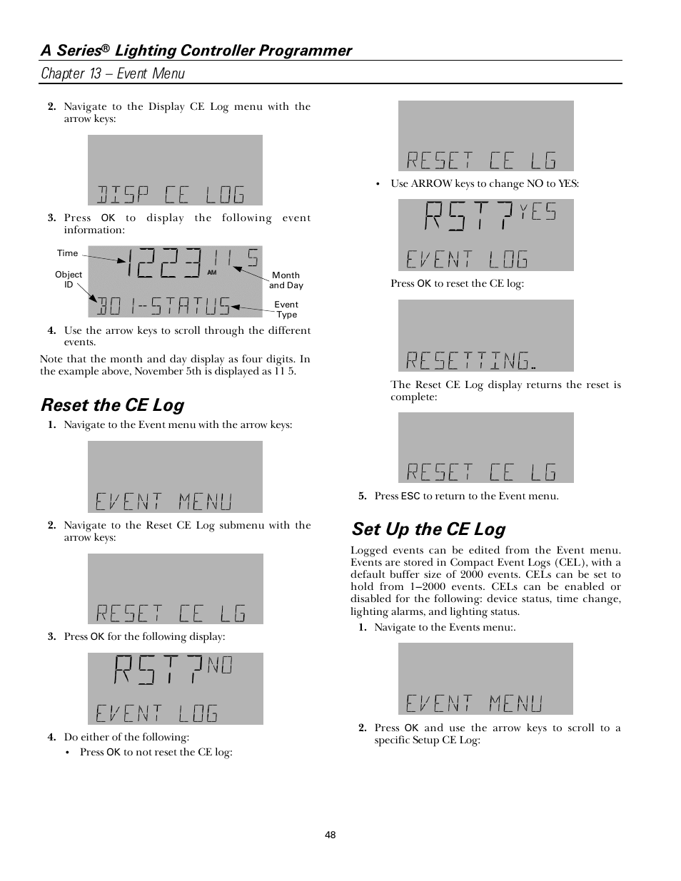 Reset the ce log, Set up the ce log, A series | GE Industrial Solutions A Series Lighting Control Panelboards Programmer User Guide User Manual | Page 52 / 56